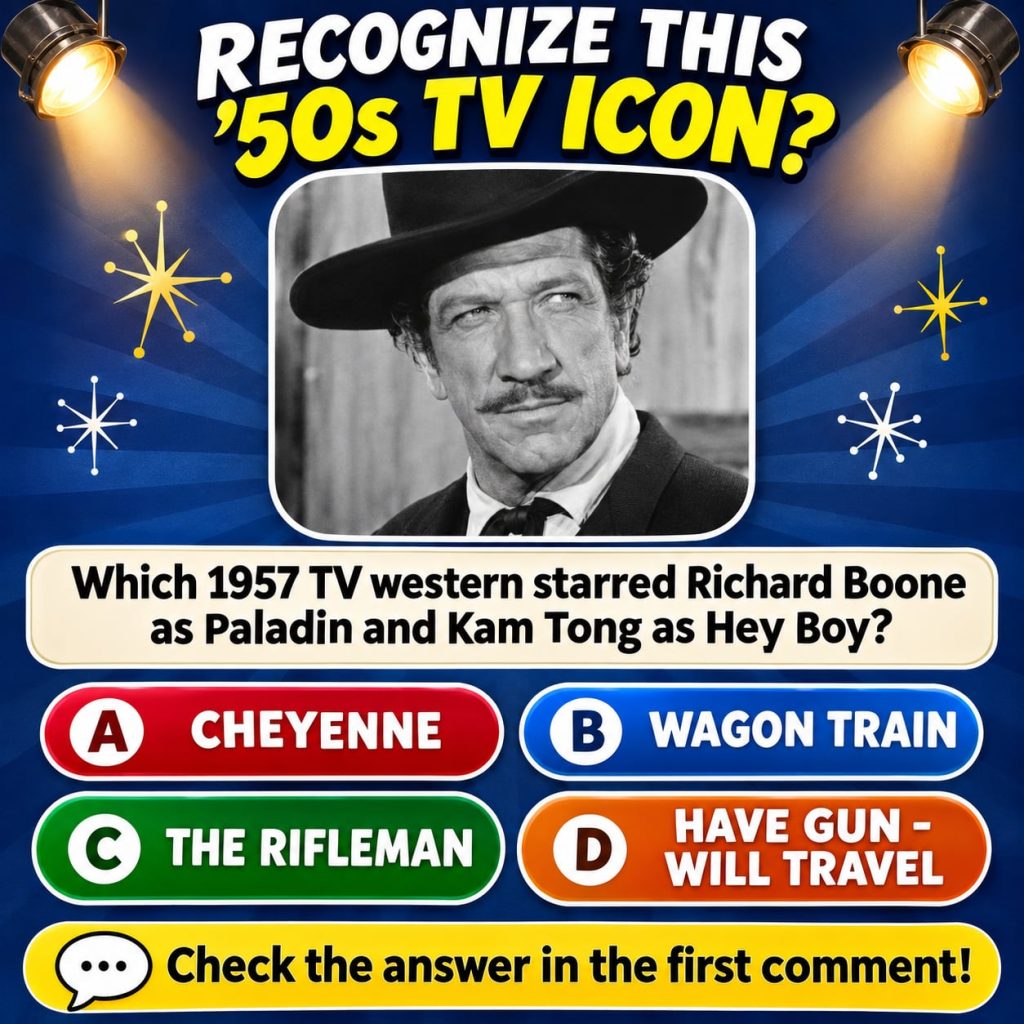 A quiz image featuring a close-up portrait of James Arness with four multiple-choice options below The text Can You Gues