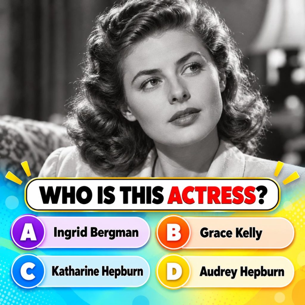 A quiz image showing a black and white portrait of Audrey Hepburn with four multiple-choice options below it The text Gu