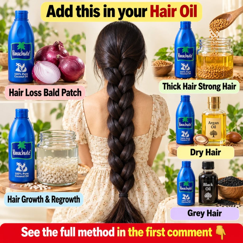 A woman with long shiny healthy hair holding a small bowl with coconut oil and other natural ingredients like onion aloe