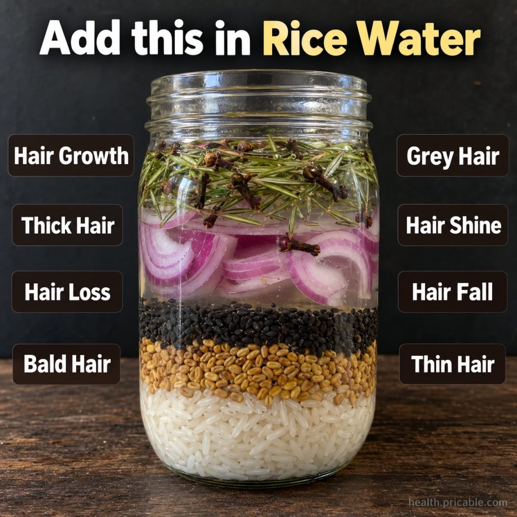A close-up of a glass bottle filled with fermented rice water next to a bowl of white rice grains with green leaves in t