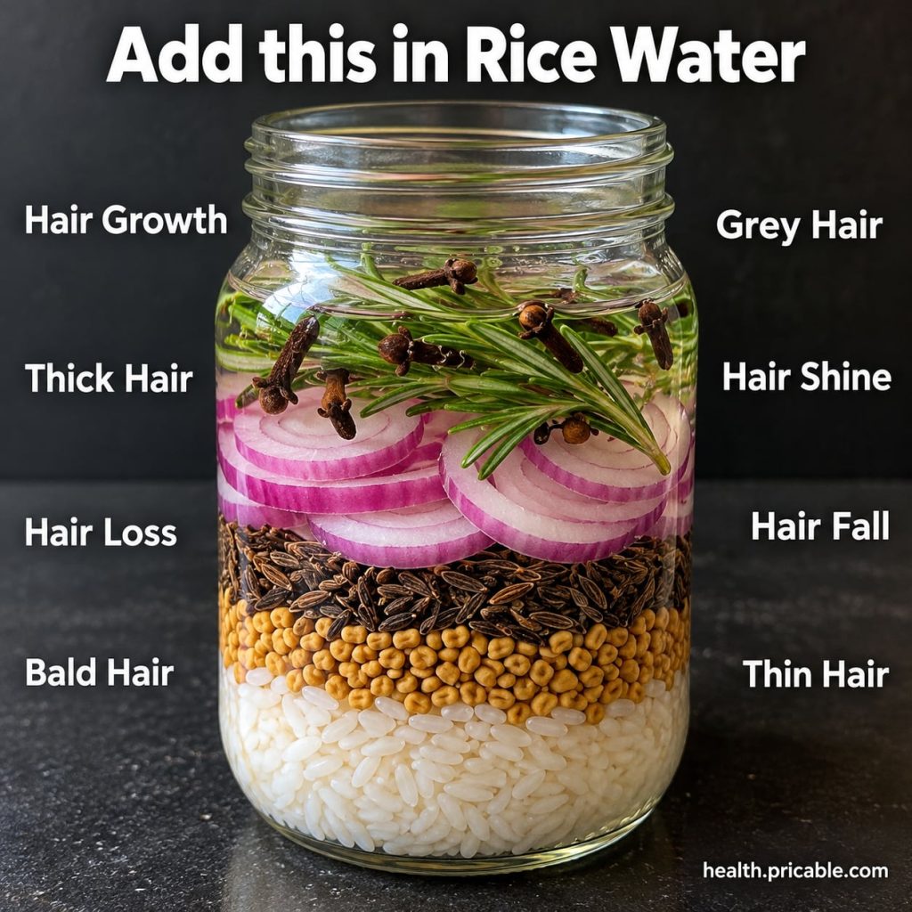 A close-up of a glass jar filled with cloudy rice water with a few fresh rosemary sprigs submerged suggesting an infusio