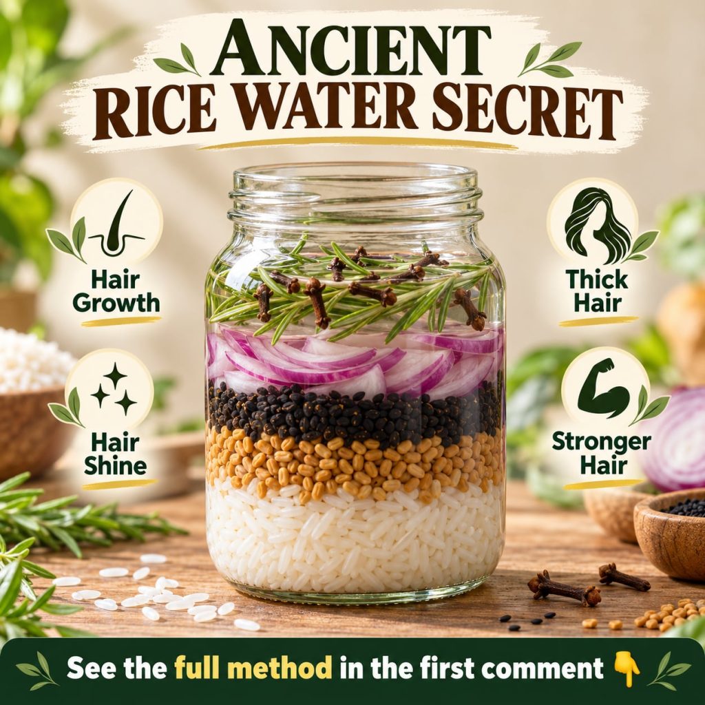 A clear glass jar filled with a DIY hair mixture including rice water fenugreek seeds sliced onion rosemary sprigs and w