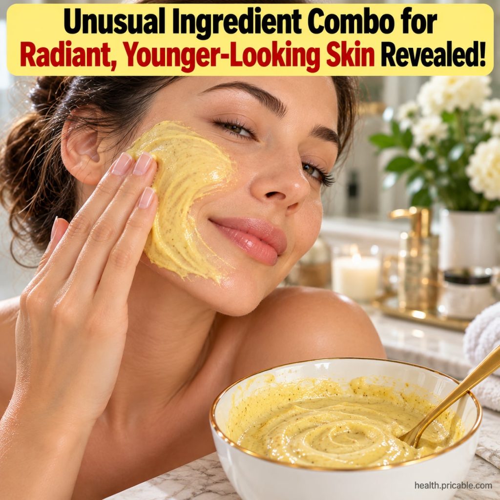 A close-up of a DIY face mask mixture in a small bowl with a spoon beside it showing a creamy light brown texture Ingred