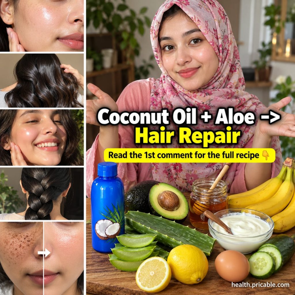 A beautiful grandmother smiling while applying a natural face mask made from avocado honey and aloe vera with fresh ingr