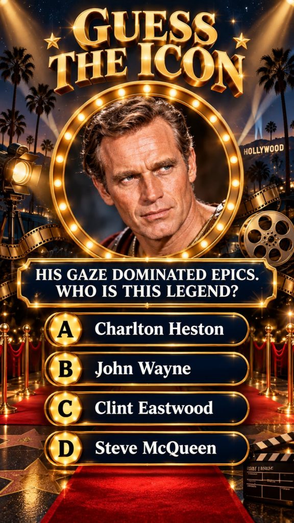 A classic black and white portrait of a male actor presented as a quiz question with options A B C D below it