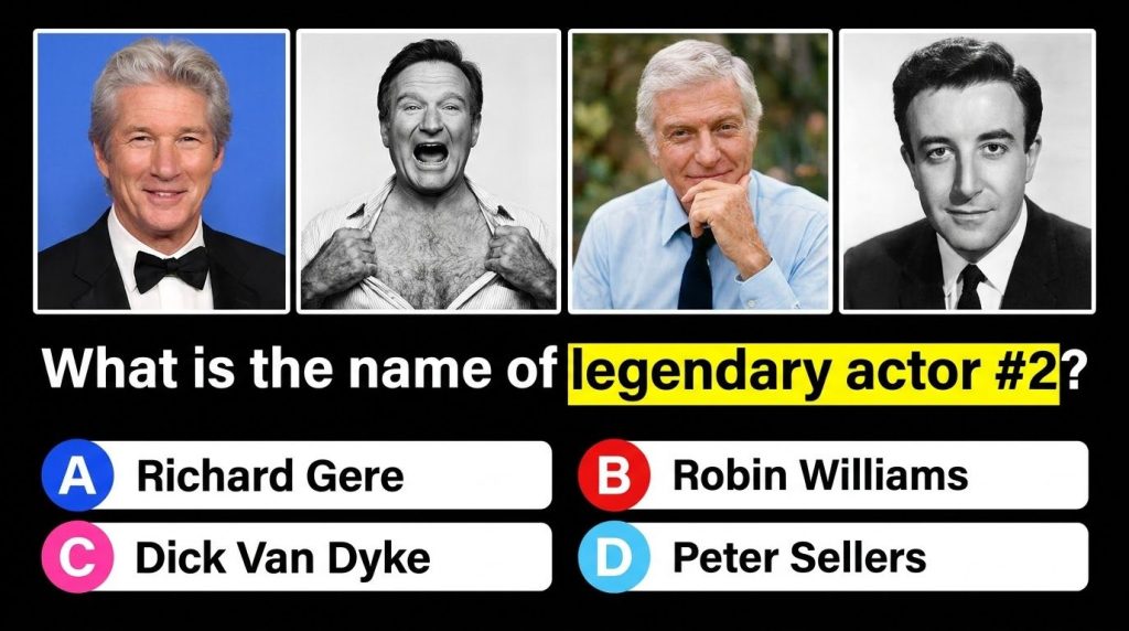 A black and white image of a celebrity quiz featuring multiple classic Hollywood actors with one specific actor highligh