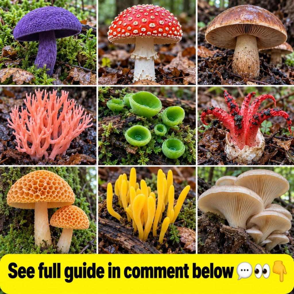 A beautiful yet mysterious arrangement of various wild mushrooms with different shapes and colors on a forest floor hint