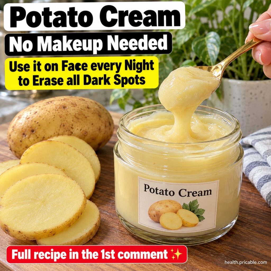 A bowl of creamy light-colored potato cream with fresh potato slices and a spoon in a bright natural setting
