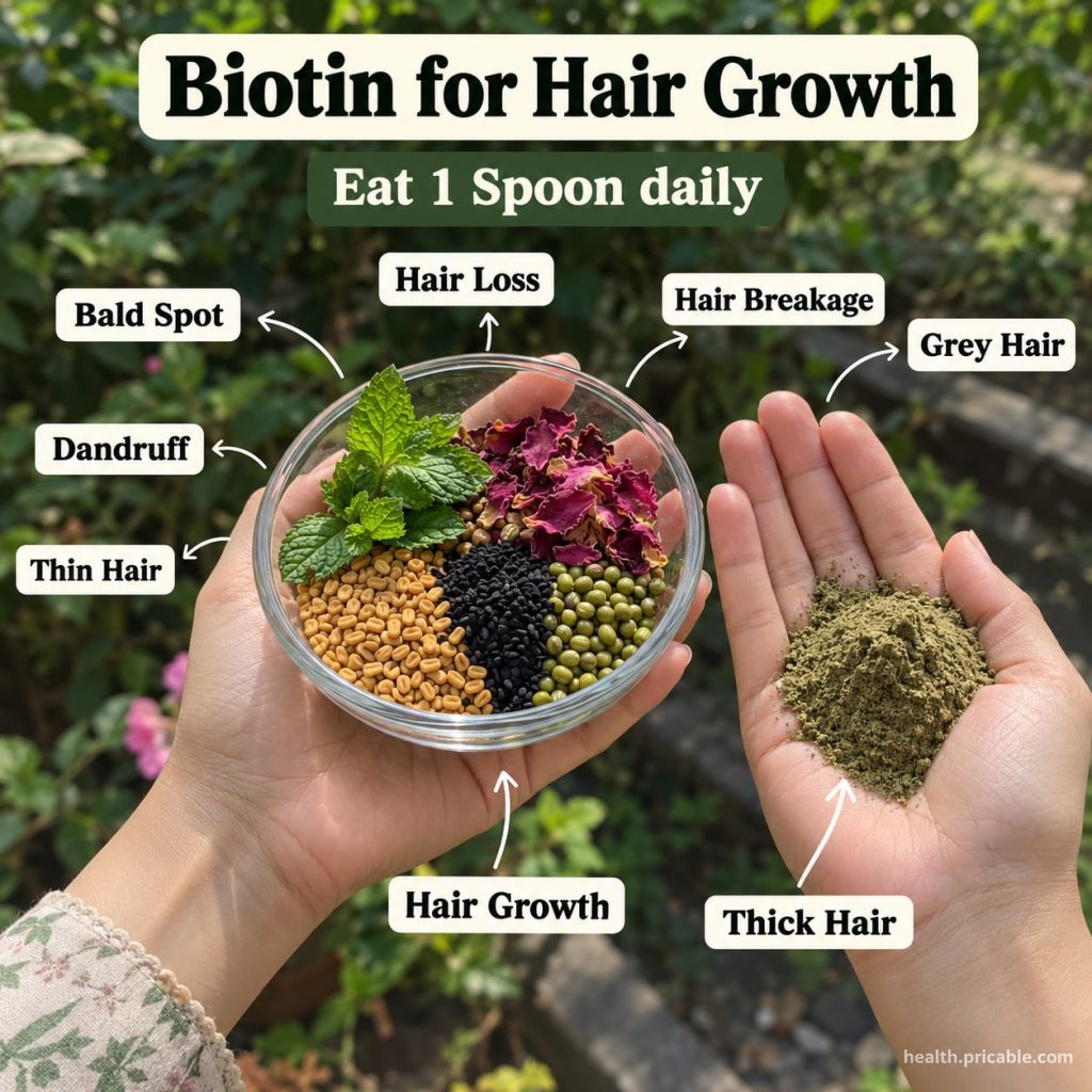 A scoop of light-colored beauty powder representing biotin and collagen in a small glass jar or bowl with hair strands s