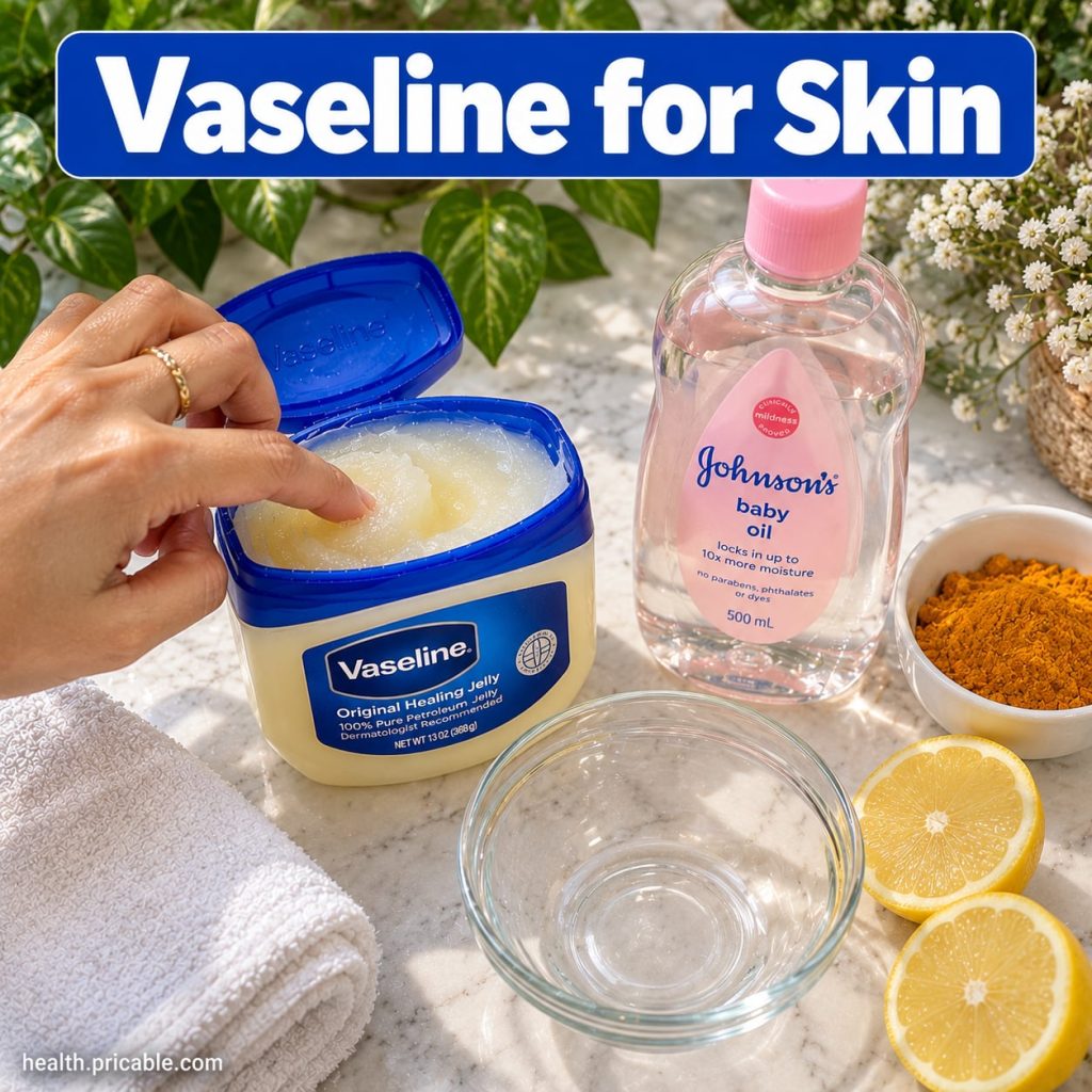 A close-up shot of the three main ingredients a jar of Vaseline a small bowl of yellow turmeric powder and a freshly cut