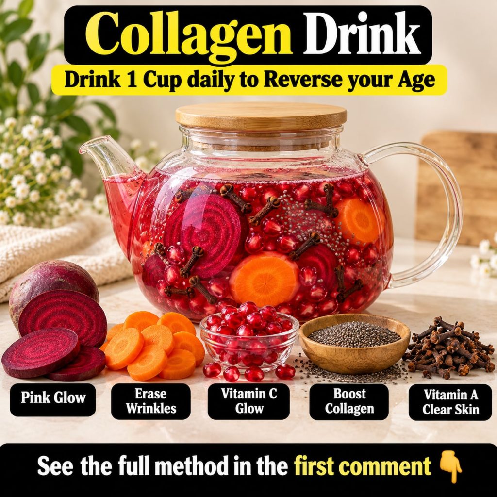A vibrant red-pink Collagen Glow Drink in a clear glass garnished with fresh pomegranate seeds and a slice of beetroot T