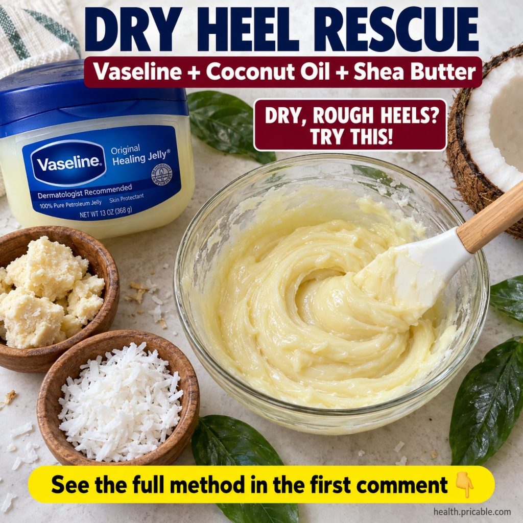 Ingredients for a dry heel rescue balm a jar of Vaseline a container of coconut oil and a tub of shea butter arranged on