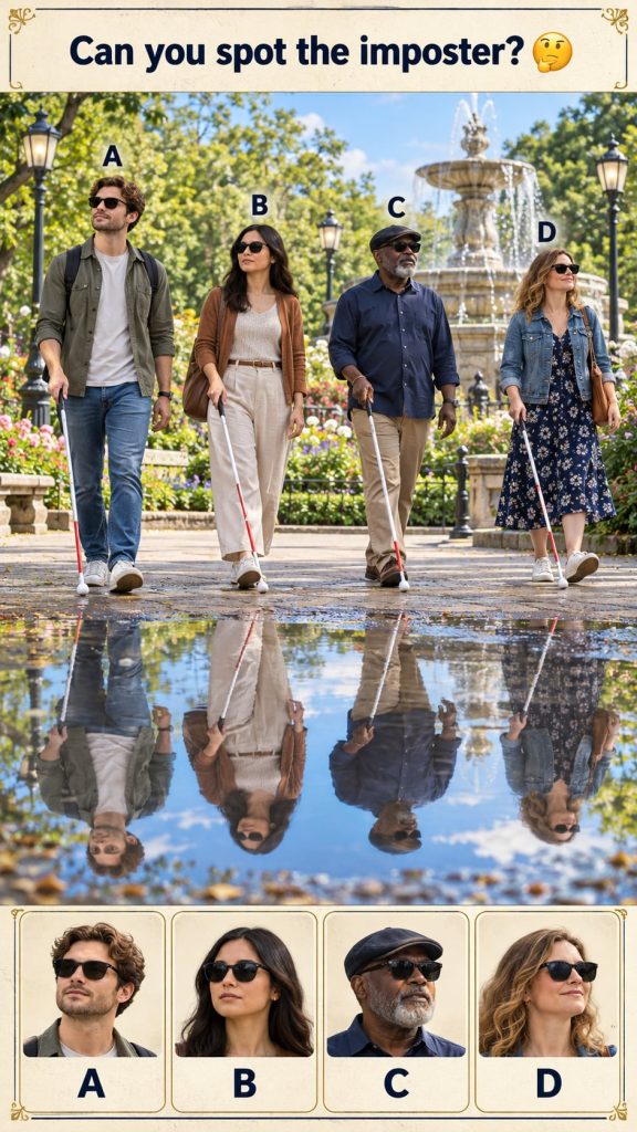 A visual puzzle showing four individuals walking in a line Each person is wearing dark sunglasses and holding a white ca