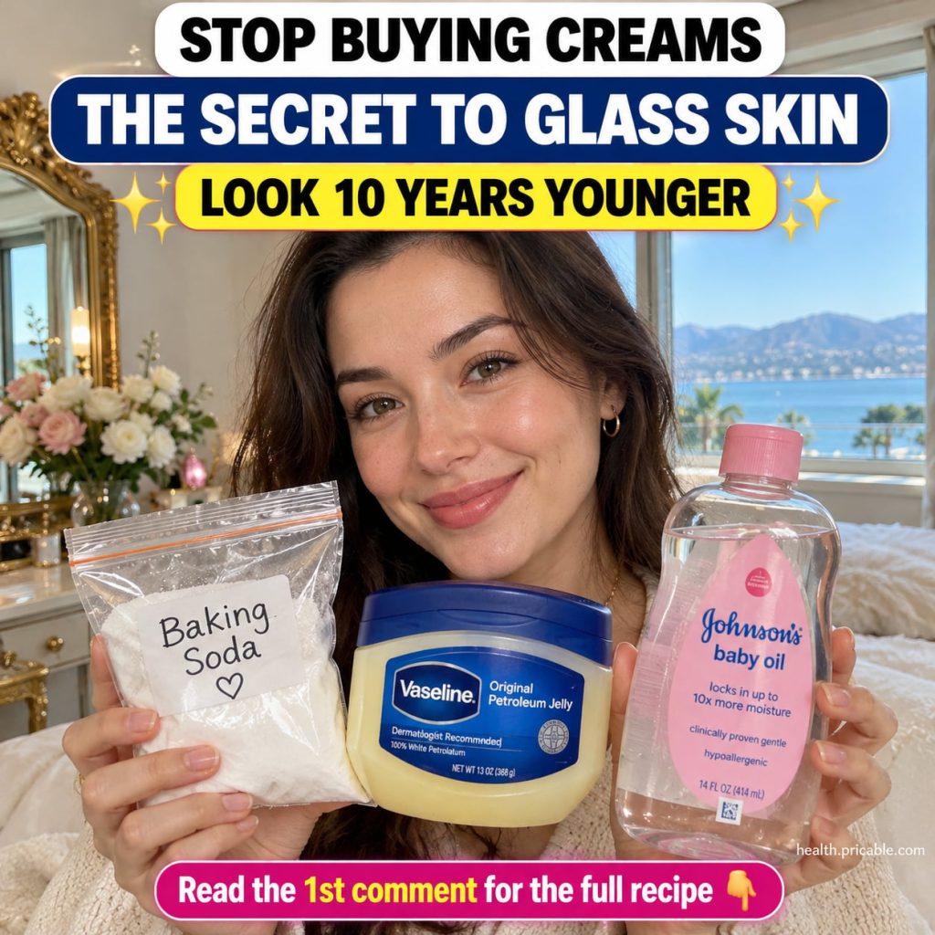 A trio of baking soda box a jar of Vaseline and a bottle of baby oil on a clean light surface hinting at a DIY beauty re