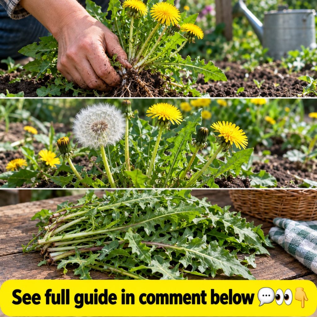 Fresh vibrant dandelion leaves in a neat pile on a rustic wooden cutting board with a few yellow dandelion flowers scatt