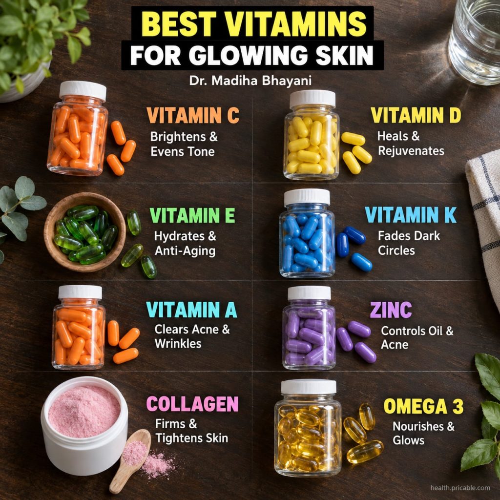 An infographic summarizing essential vitamins for skin health including vitamins A C D E K Zinc Collagen and Omega-3 It 