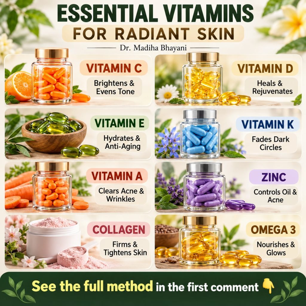 An assortment of vibrant fruits vegetables and vitamin supplements symbolizing essential nutrients for skin health arran