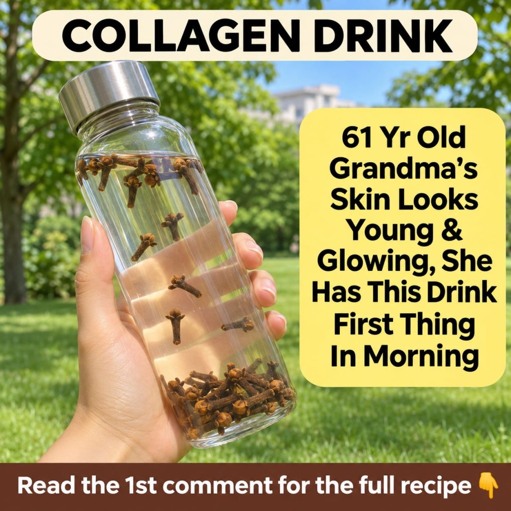 A warm inviting image of a glass of clove collagen drink with whole cloves and collagen powder nearby suggesting natural
