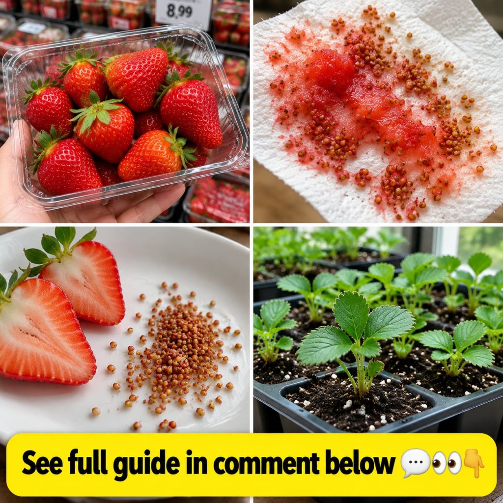 A close-up shot of a ripe red strawberry with its tiny seeds visibly dotted across the surface A hand might be gently sc