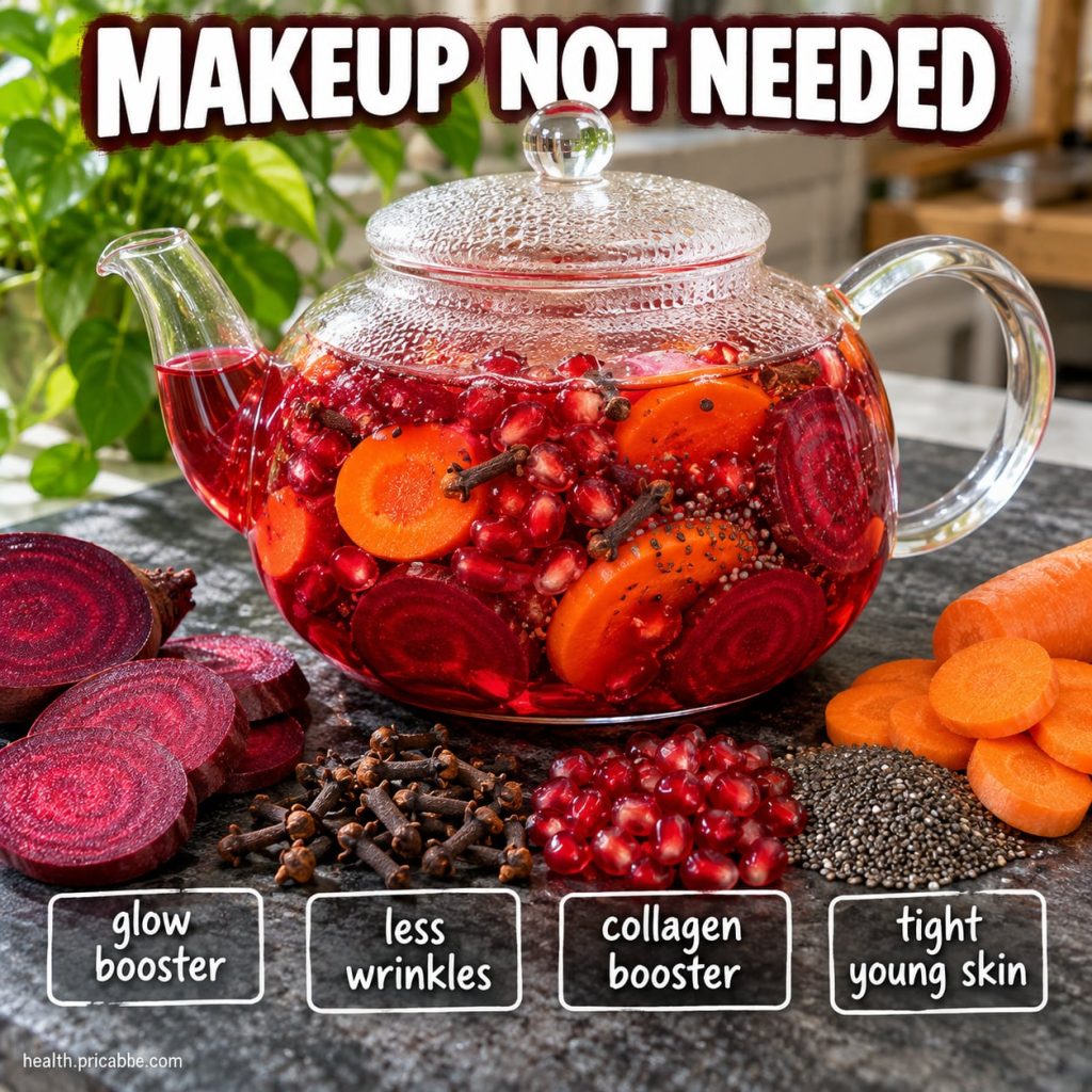 A vibrant red-pink liquid elixir in a glass garnished with fresh pomegranate seeds and a slice of beetroot glowing attra
