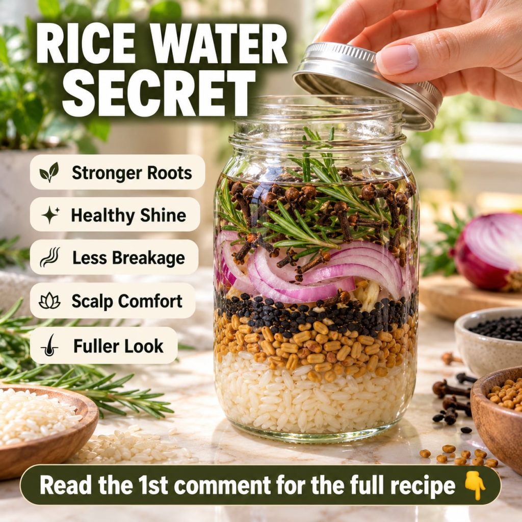 A close-up of a homemade rice hair growth spray bottle surrounded by its natural ingredients like rice fenugreek seeds o