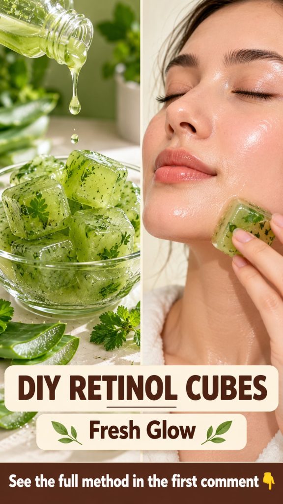 A close-up shot of homemade retinol cubes in an ice tray next to fresh ingredients like carrots aloe vera leaves and a b