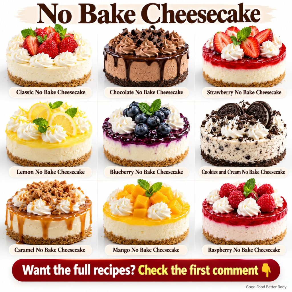 A vibrant spread of various no-bake cheesecakes on a light-colored wooden table Prominently featured are a lemon cheesec