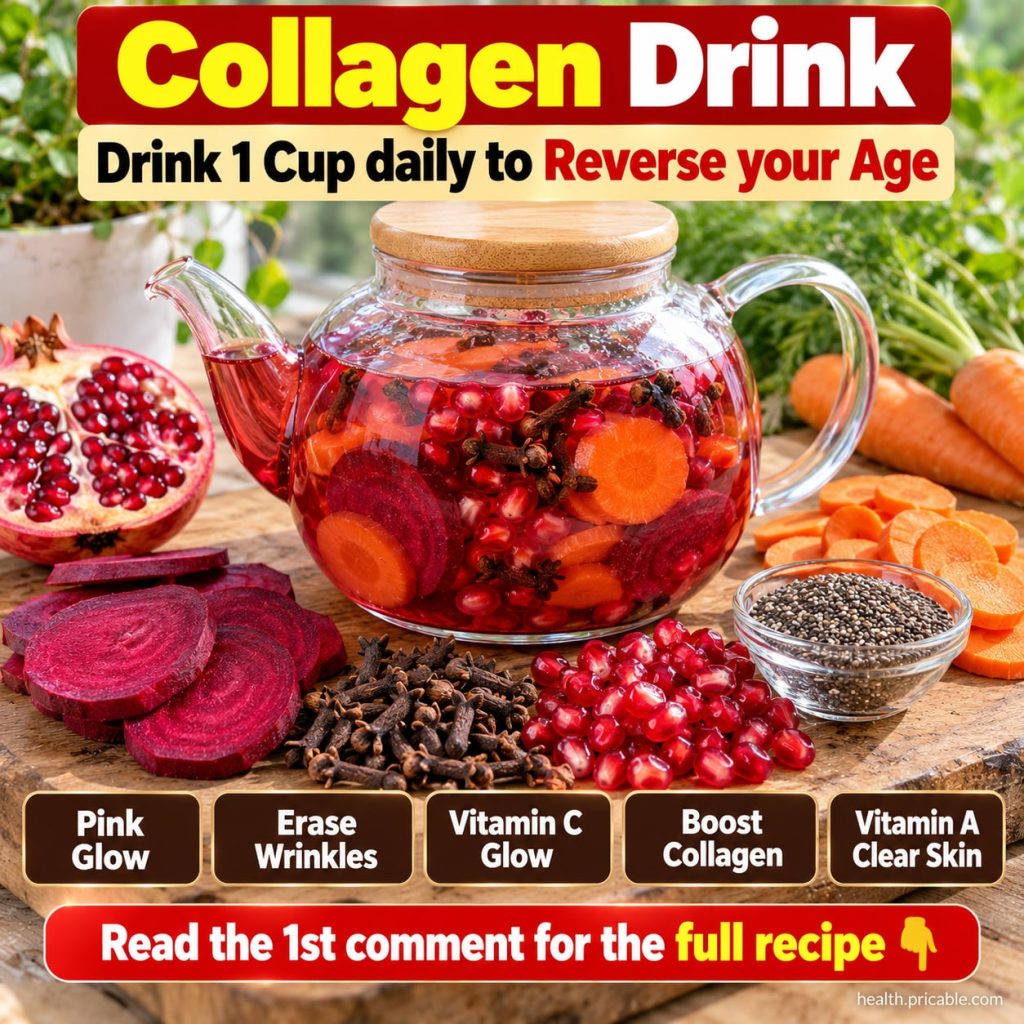 A vibrant pinkish-red drink in a glass with beetroot slices and pomegranate seeds around it representing a natural colla