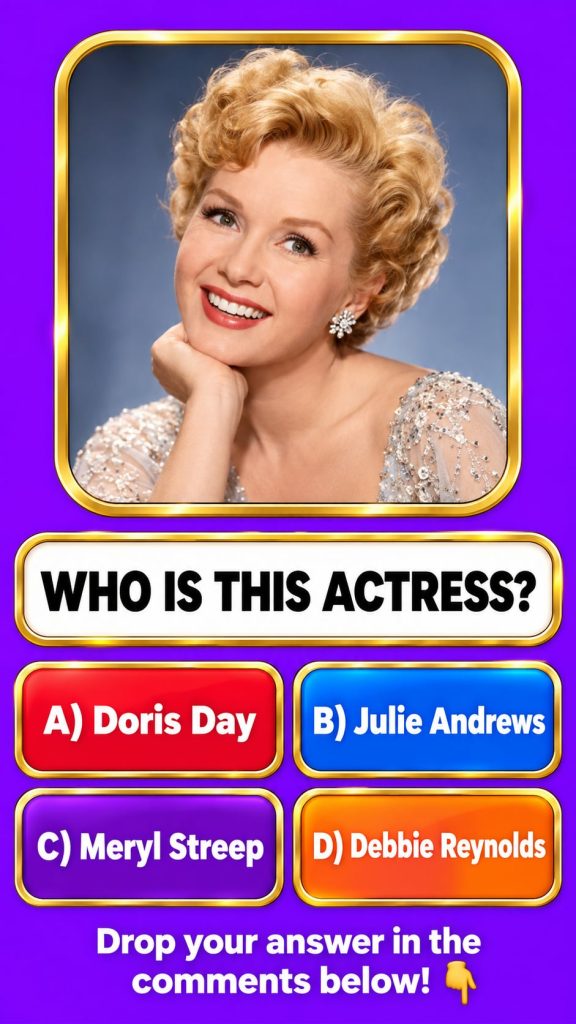 A cinematic quiz card featuring a legendary classic Hollywood actress presented with elegant gold accents on a deep navy