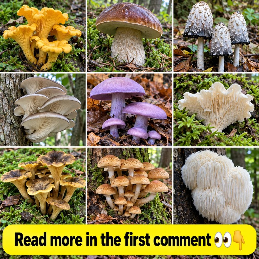 A close-up shot of various freshly picked edible wild mushrooms laid out on a wooden table featuring different shapes co