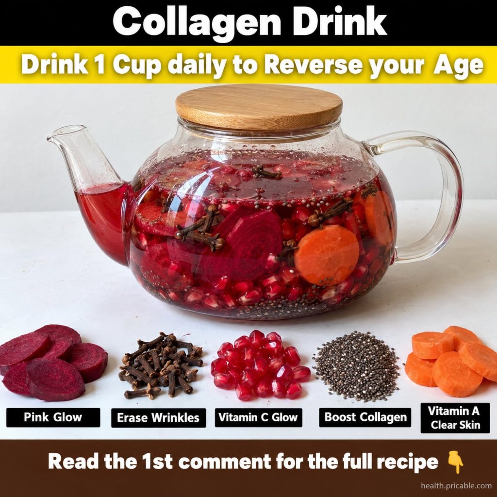 A refreshing glass of a pink or red berry-infused drink with a spoon of collagen powder next to it on a clean bright kit