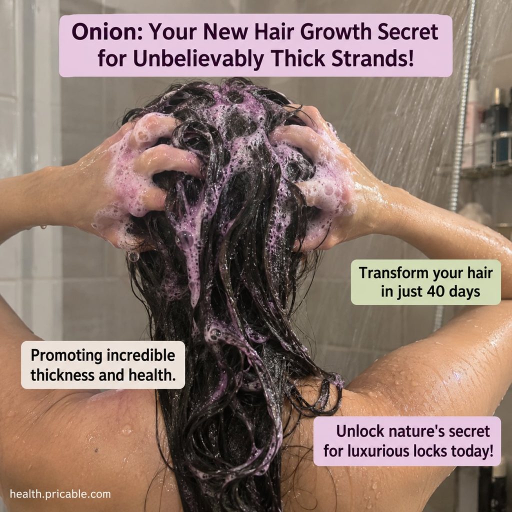 A close-up of fresh whole and sliced onions with a hint of lush healthy hair in the soft-focus background suggesting nat