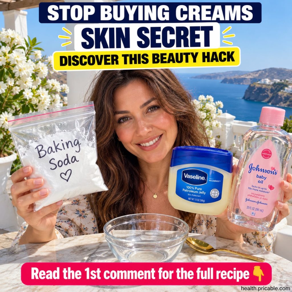 Ingredients for a DIY glowing skin remedy laid out a small bowl with baking soda a jar of petroleum jelly and a bottle o