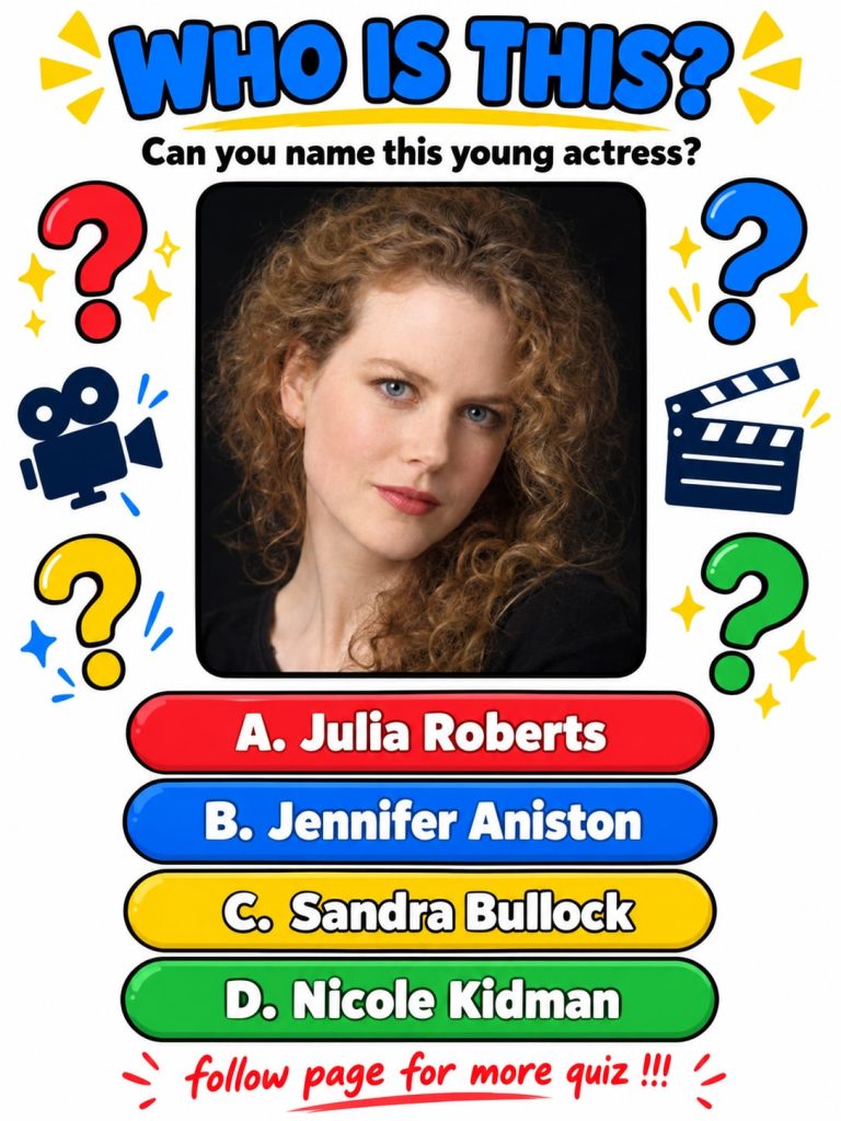 A movie quiz poster with a black and white portrait of a young Nicole Kidman curly red hair and blue eyes with the quest