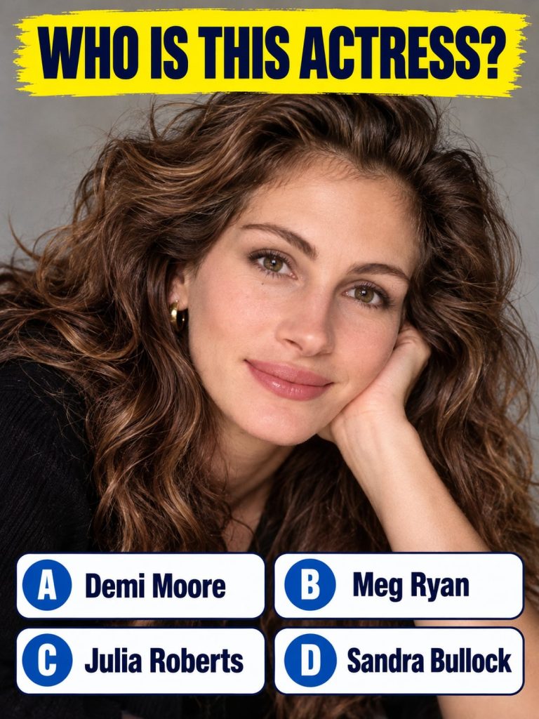 Close-up portrait of a young Julia Roberts in a quiz format with a yellow banner asking WHO IS THIS ACTRESS and multiple