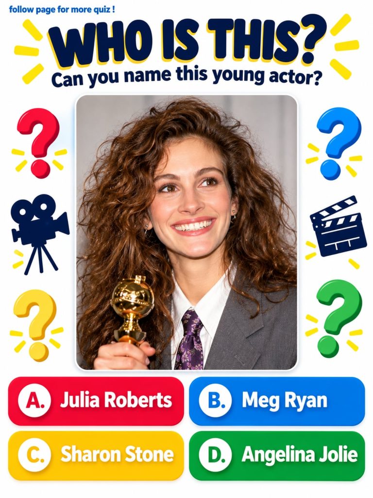 A brightly colored quiz graphic featuring a central portrait of a young Julia Roberts holding a Golden Globe award