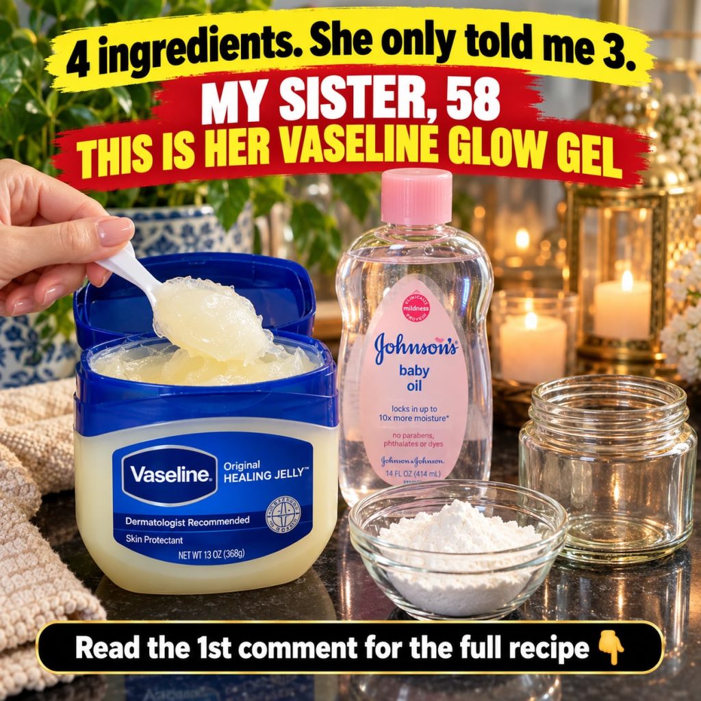A 58-year-old woman with radiant youthful skin smiling gently with a small jar of Vaseline and a few natural ingredients