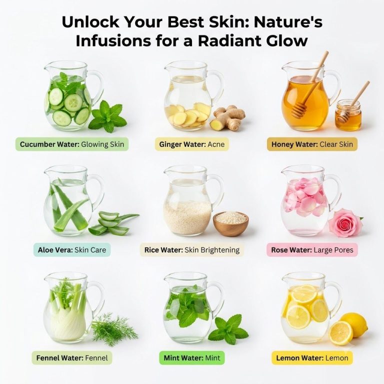 A refreshing glass of fruit and herb infused water with a radiant background highlighting healthy skin