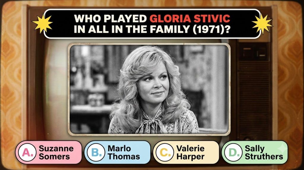 A still image from the 1970s sitcom All in the Family featuring Gloria Stivic The actress has a warm expressive face and