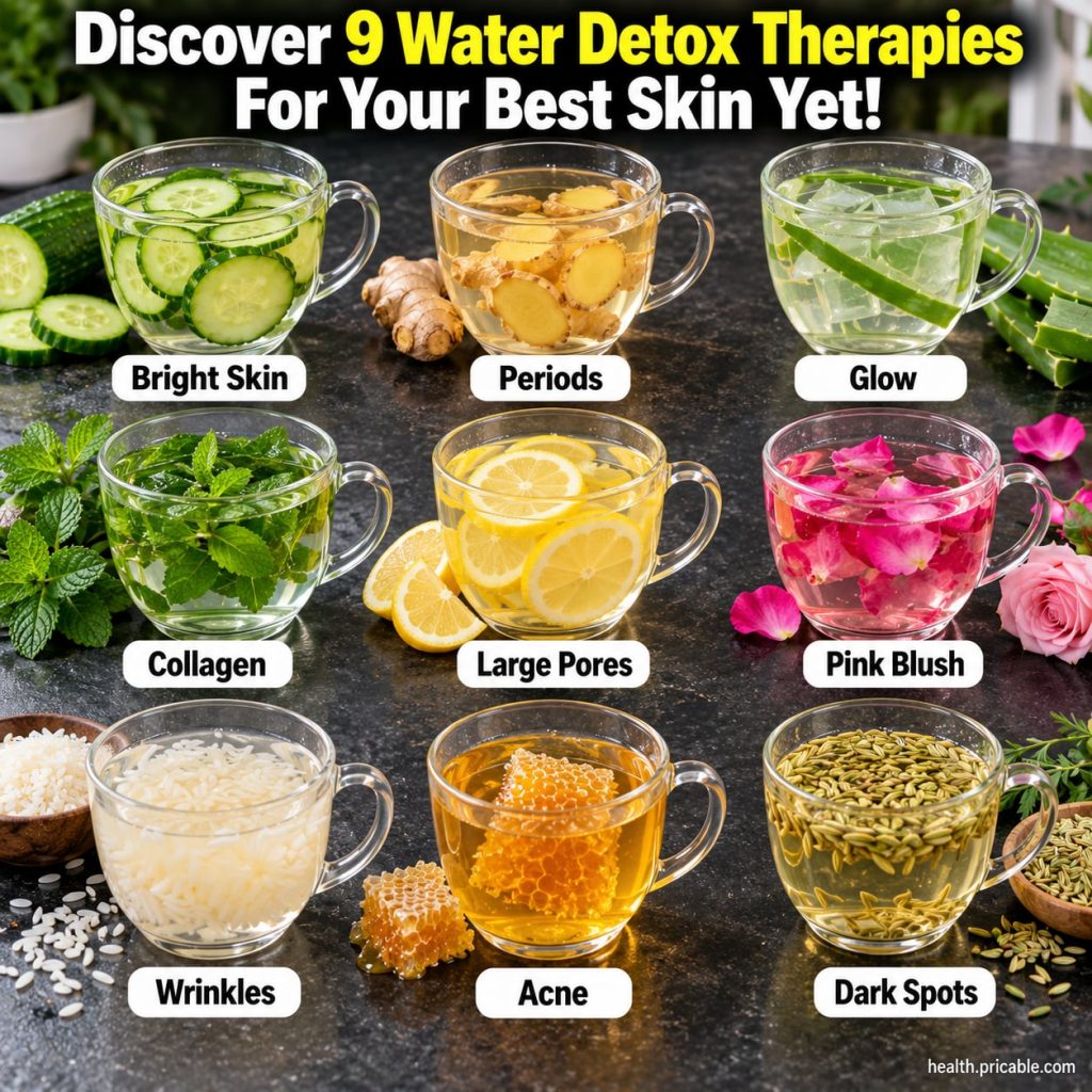 A variety of fruit and herb-infused water in clear glass bottles suggesting different detox therapies for radiant skin