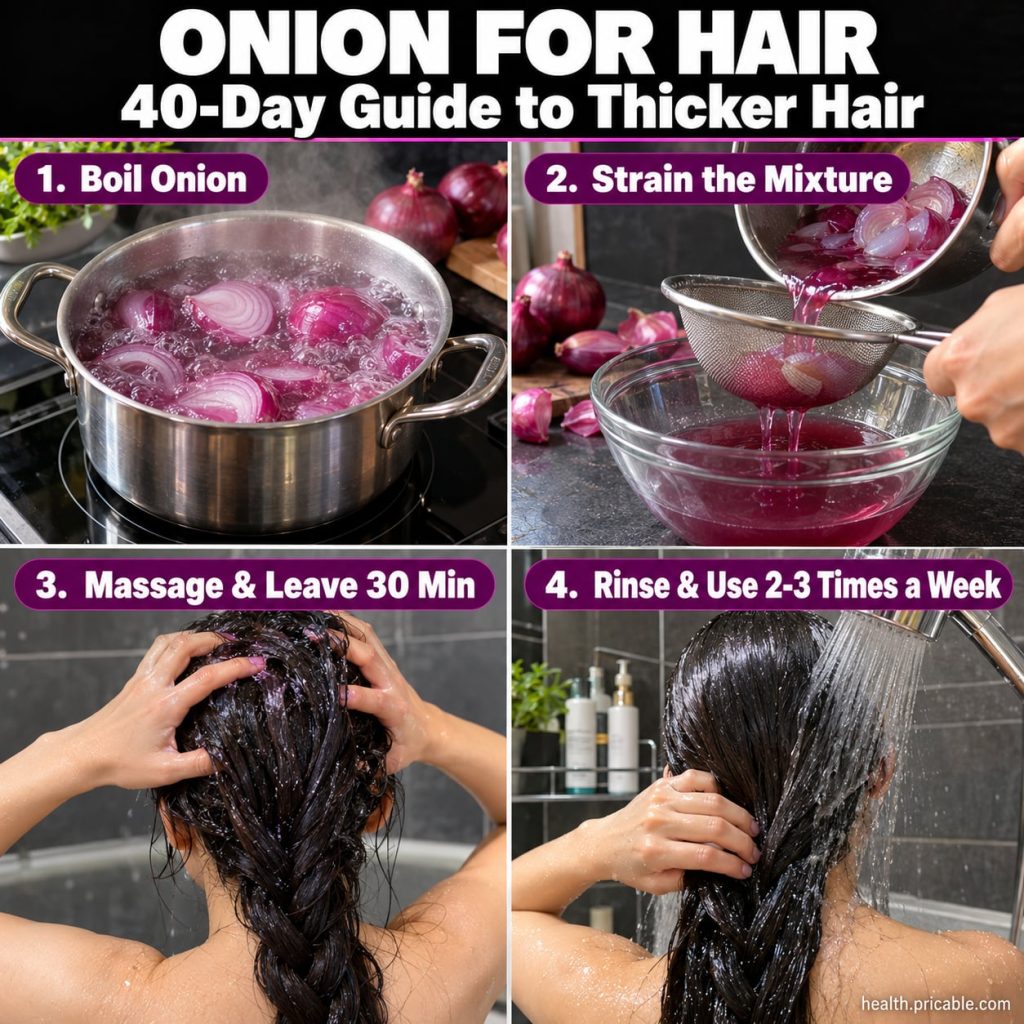A close-up of a sliced red onion and a woman with visibly healthy thick hair symbolizing the benefits of onion for hair