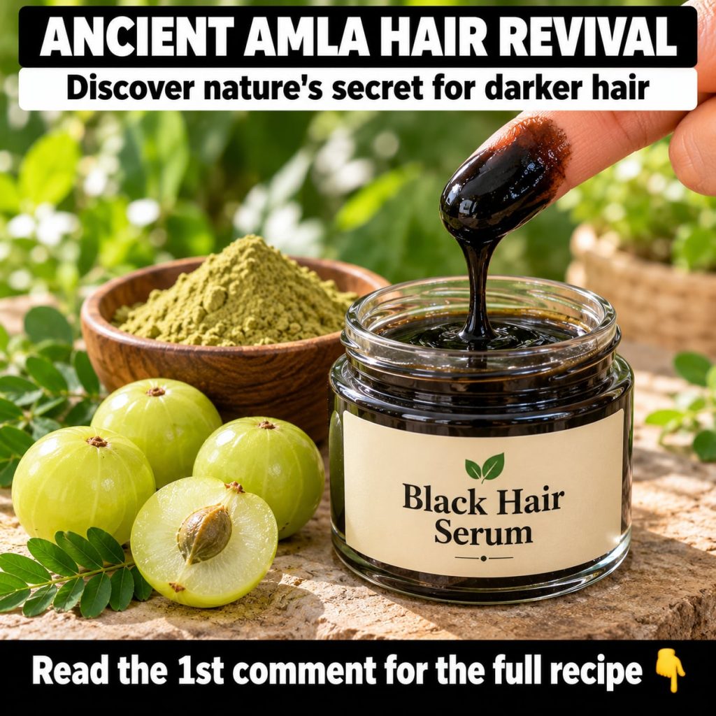 A close-up of a homemade Amla hair serum in a small glass dropper bottle surrounded by fresh Amla fruits and green leave