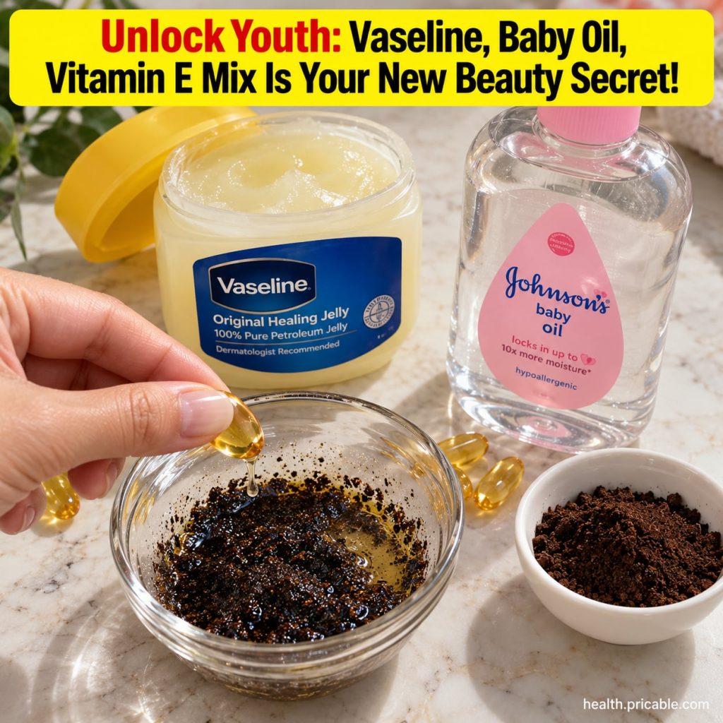 A small clear glass jar containing a creamy off-white mixture of Vaseline baby oil and vitamin E with the ingredients su