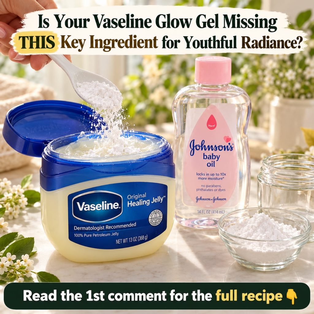 A small clear jar of homemade Vaseline glow gel with a radiant dewy finish placed on a clean vanity with a small bottle