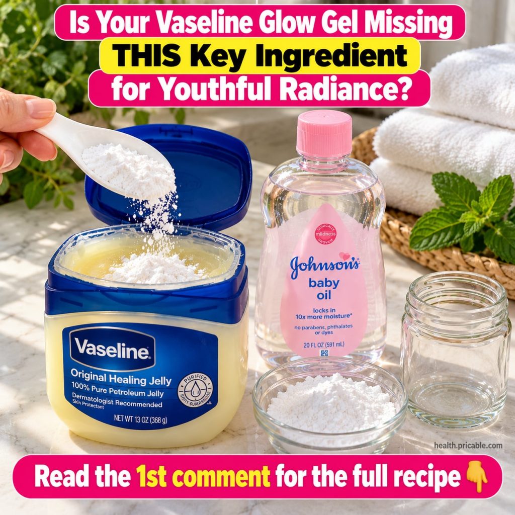 A woman applying a small amount of DIY Vaseline glow gel to her cheek demonstrating a radiant smooth complexion