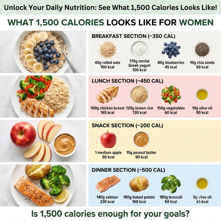 An infographic or visual guide showing a full day s worth of balanced meals and snacks totaling approximately 1 500 calo