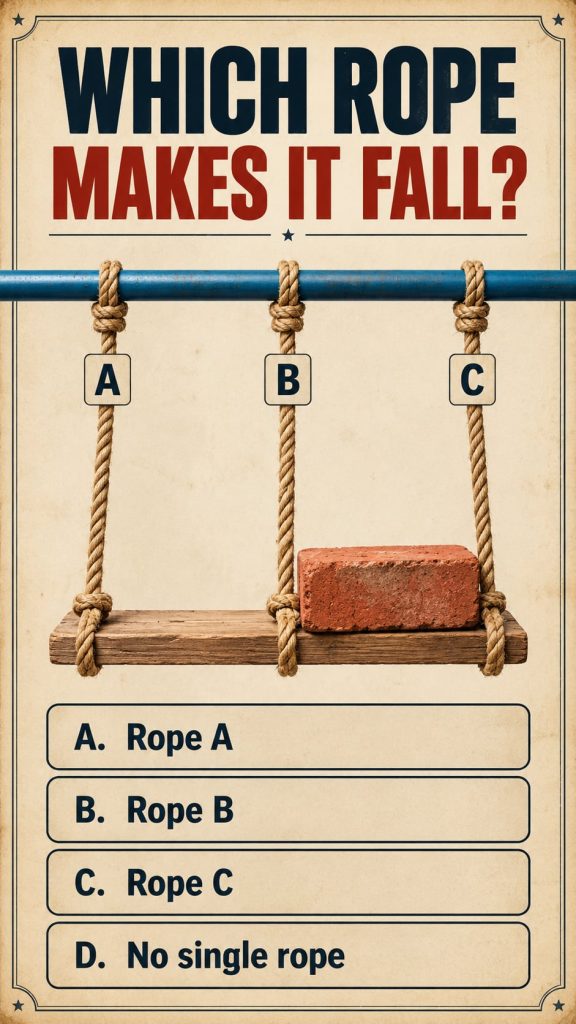 A logic puzzle showing a wooden plank with a red brick on one end The plank is supported by three ropes labeled A B and 