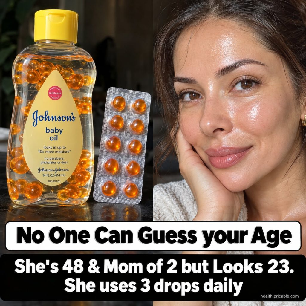 A bottle of baby oil next to a woman with radiant smooth skin implying a youthful glow