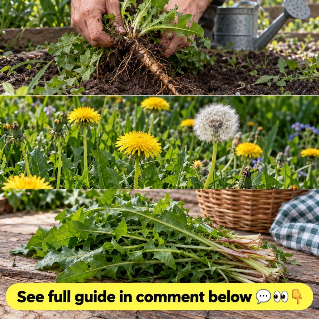 A close-up of fresh dandelion leaves roots and flowers perhaps with a rustic background or a glass of dandelion tea