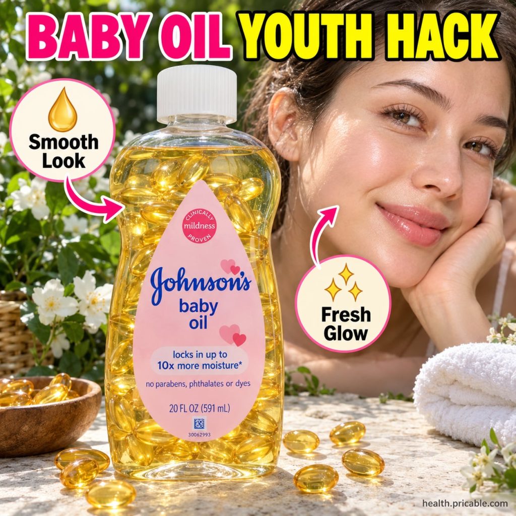 Baby oil bottle and vitamin E capsules on a vanity with soft lighting
